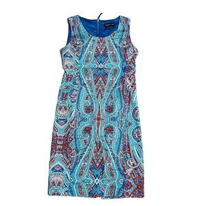 Jones NY stretch sleeveless blue red paisley abstract sheath dress 4
